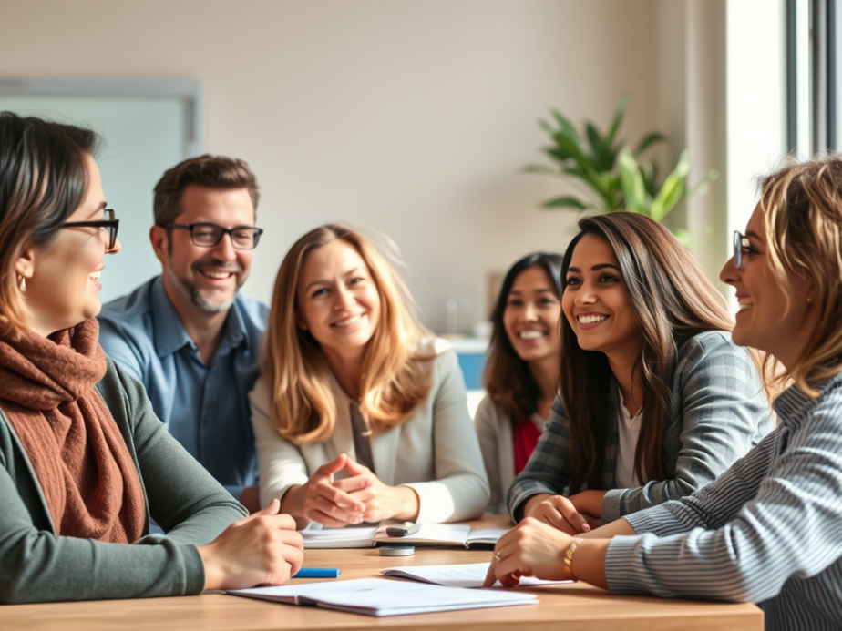 An image with 6 people around a table. On the table there are books tailed to start speaking English with Confidence